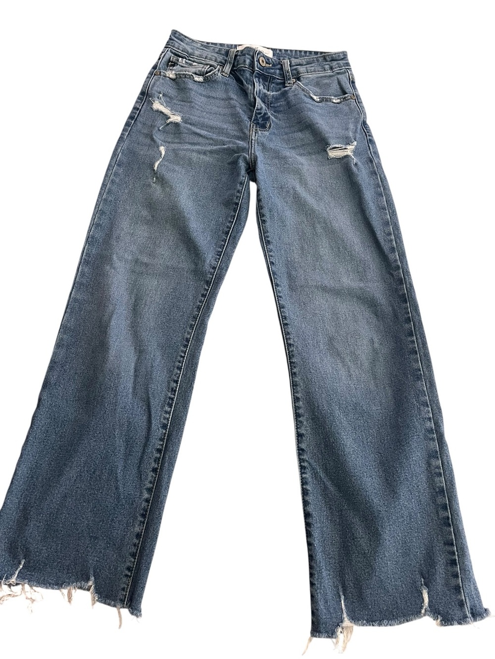 KanCan Women’s Size 1/24 Medium Wash Wide Leg Distressed Raw Hem Jeans